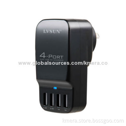 34W Portable Mobile Phone Charger with 4 Independent USB Ports, Charge 2 iPhone, 2 iPad Simultaneous